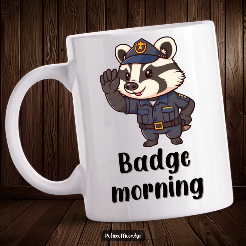 Funny Mug of a determined badger police officer saluting proudly, embodying law, order, and a good sense of humor.