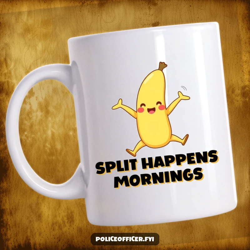 Funny mug shows a happy banana with legs performing a joyous banana split, conveying pure dessert delight and fun.