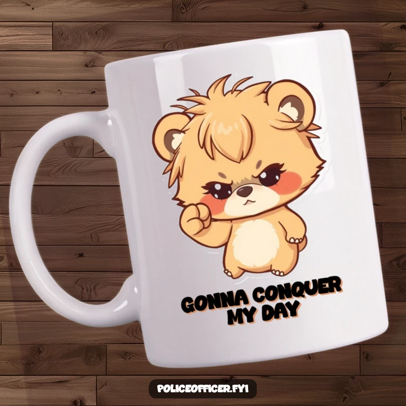 Funny bear cub mug with messy hair shaking a tiny fist, showing determination and a cute grumpy expression.