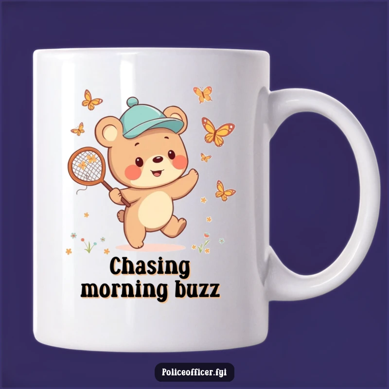 Funny Bear Cub Mug: Jaunty Cap Hunter Chasing Butterflies for a Cheerful Sip