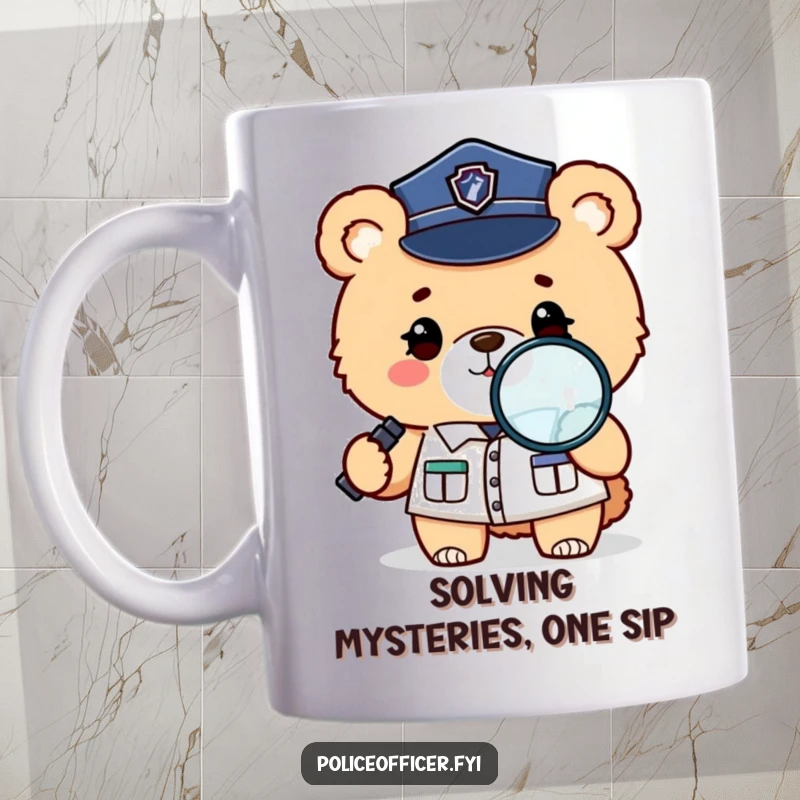Funny mug with a fluffy bear in a police uniform winking and holding a magnifying glass, looking for clues.