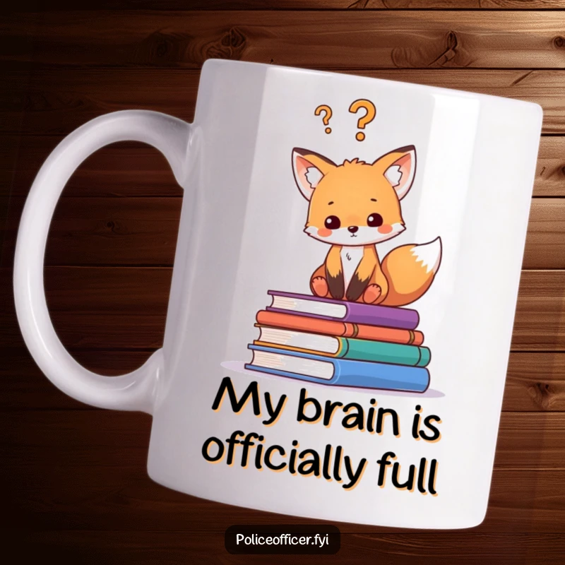 Funny mug featuring a cute fox cub sitting on books, with a question mark above its head, conveying curiosity and intelligence.