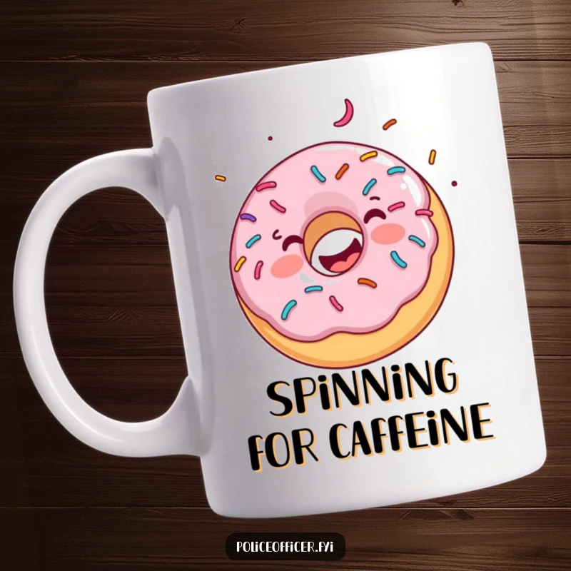 Funny mug depicts a happy donut covered in colorful sprinkles joyfully spinning, conveying pure sugary delight.