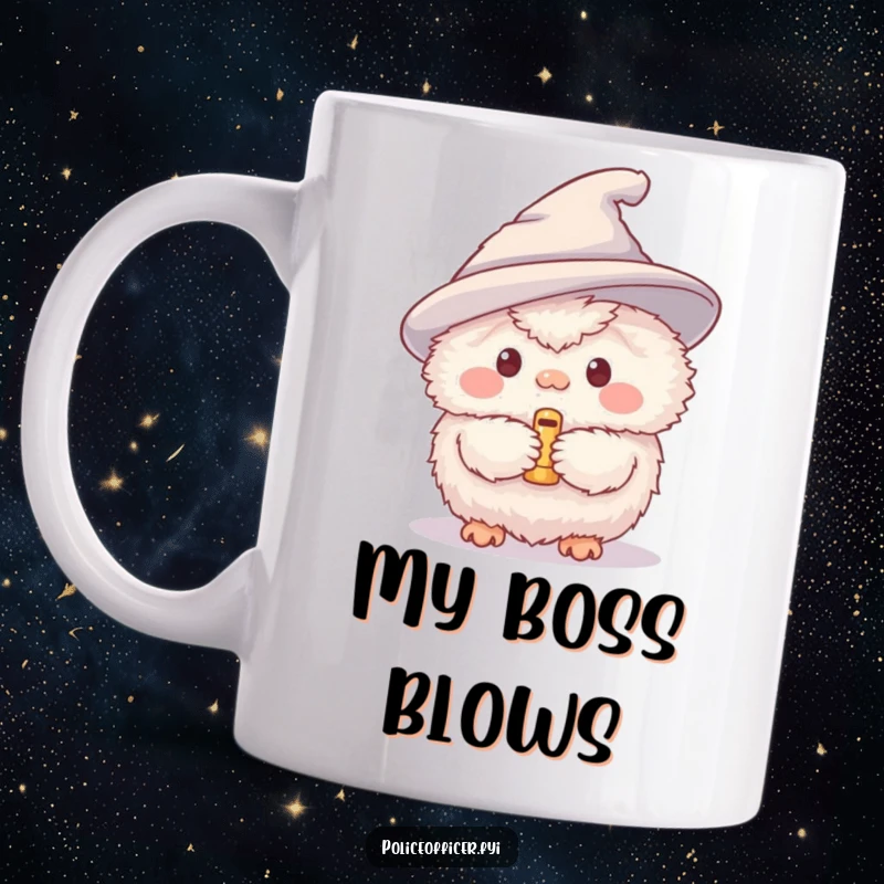 Funny mug featuring a cute, fluffy creature in a small hat blowing a tiny whistle, ready to start the game or show.