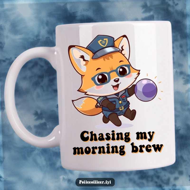 Funny mug showing a playful fox cub in a police uniform, enthusiastically chasing a bouncing ball. Humorous law enforcement theme.