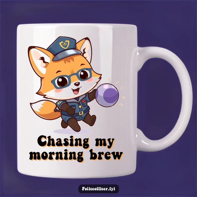 Funny Fox Cop Mug: Playful Cub Chasing Ball, Ideal Police Humor Gift