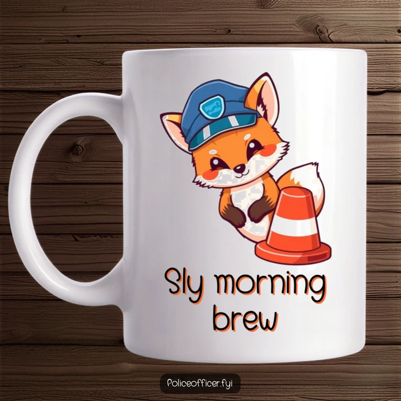 Funny mug with a cute fox police officer peeking playfully from behind a traffic cone, looking sly and curious.