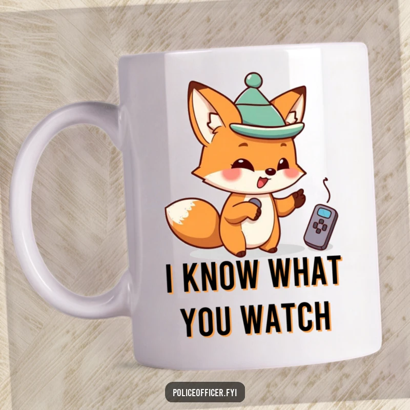 Funny mischievous fox wearing a tiny hat, slyly pointing at a TV remote control.