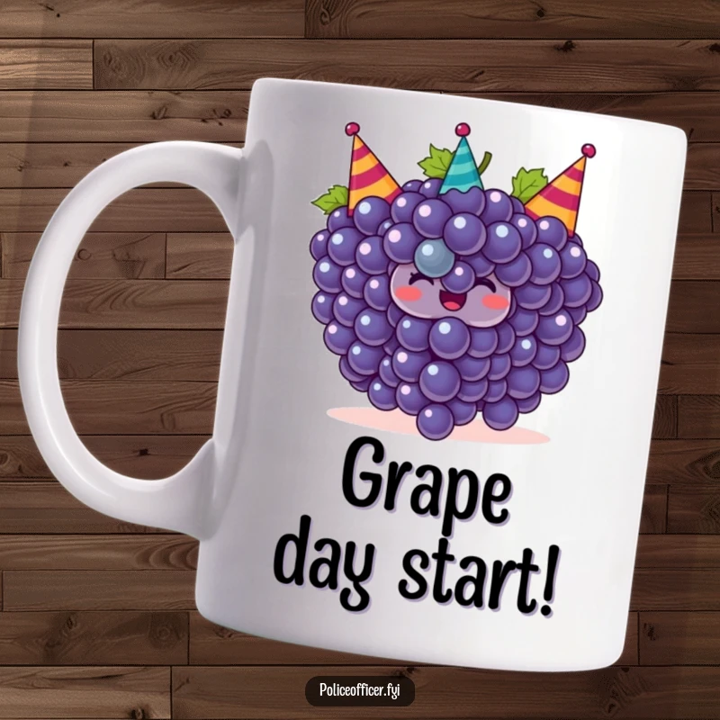 Funny grapes mug featuring a smiling bunch of grapes wearing tiny party hats, celebrating joyfully with humor.