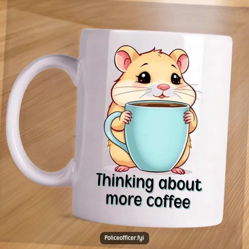 Funny Hamster Mug featuring a chubby hamster holding a giant coffee cup, looking thoughtful, symbolizing coffee appreciation, a great funny gift.