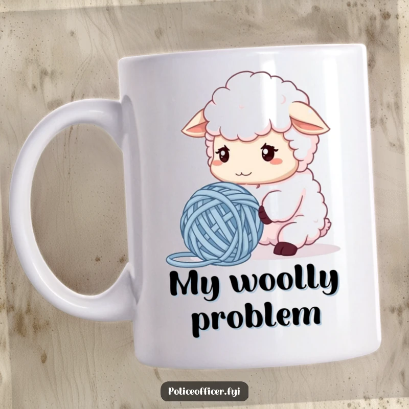Funny Sheep Mug showing a fluffy sheep with a furrowed brow, confused by tangled yarn, radiating relatable struggle and humor, perfect gift.