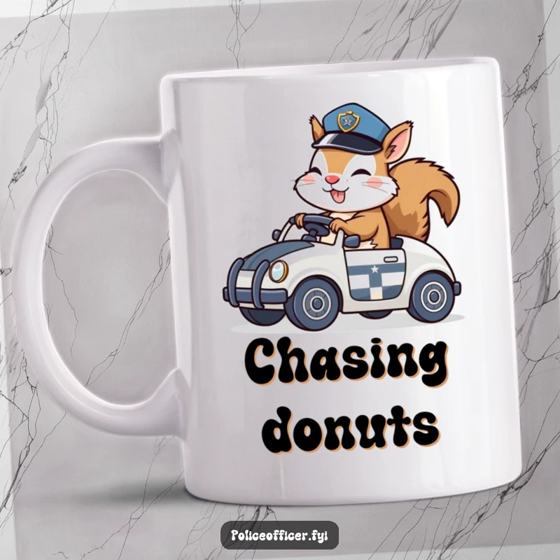 Funny Mug of a giggling squirrel in a police hat joyfully riding a toy police car, capturing playful pursuit.