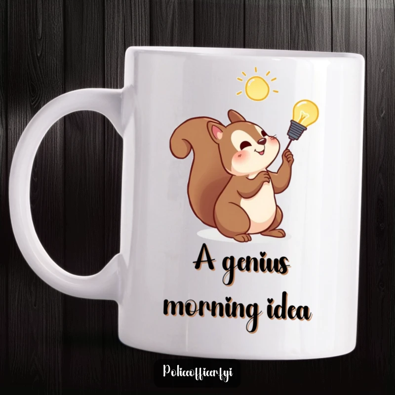Funny squirrel mug with a lightbulb overhead, showcasing a cheerful character having a brilliant idea, perfect for gift-givers.