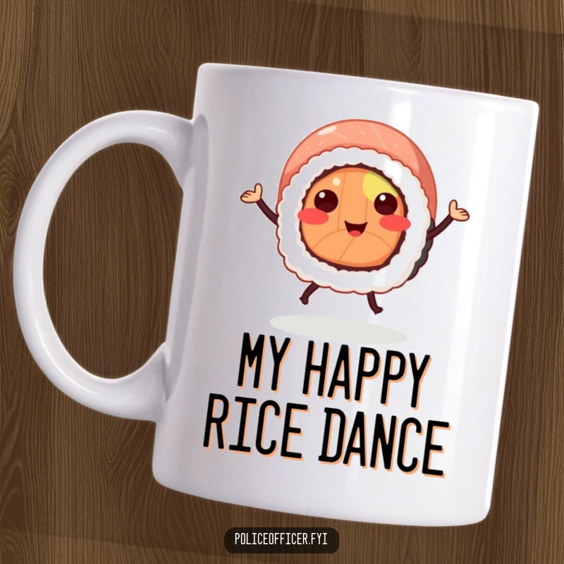 Funny sushi roll mug featuring a smiling sushi with legs doing a cheerful, energetic jig, radiating pure joy and fun.