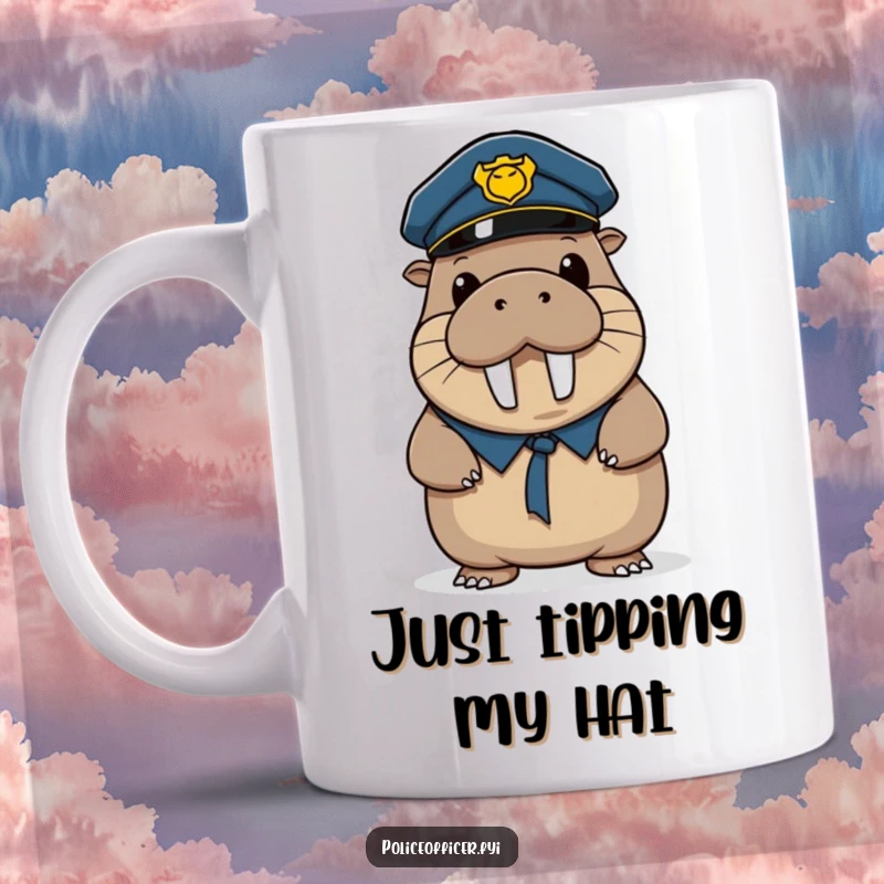 Funny mug showing a wobbly walrus police officer tipping his hat with a big, happy smile, radiating pure joy and humor.