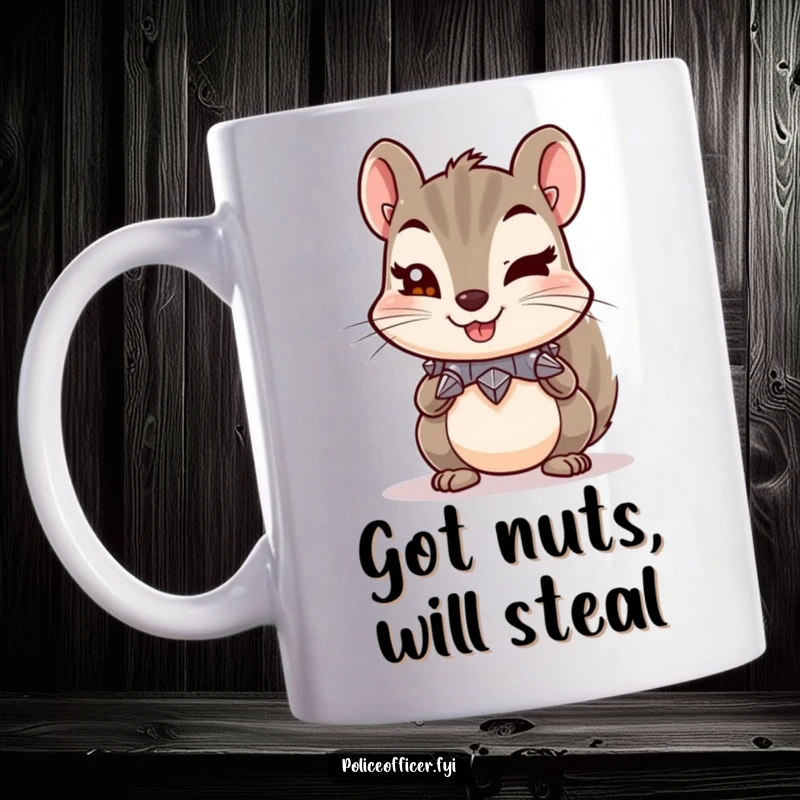 Funny squirrel mug with a tiny spiked collar and a mischievous wink, portraying a cheeky and adventurous personality.
