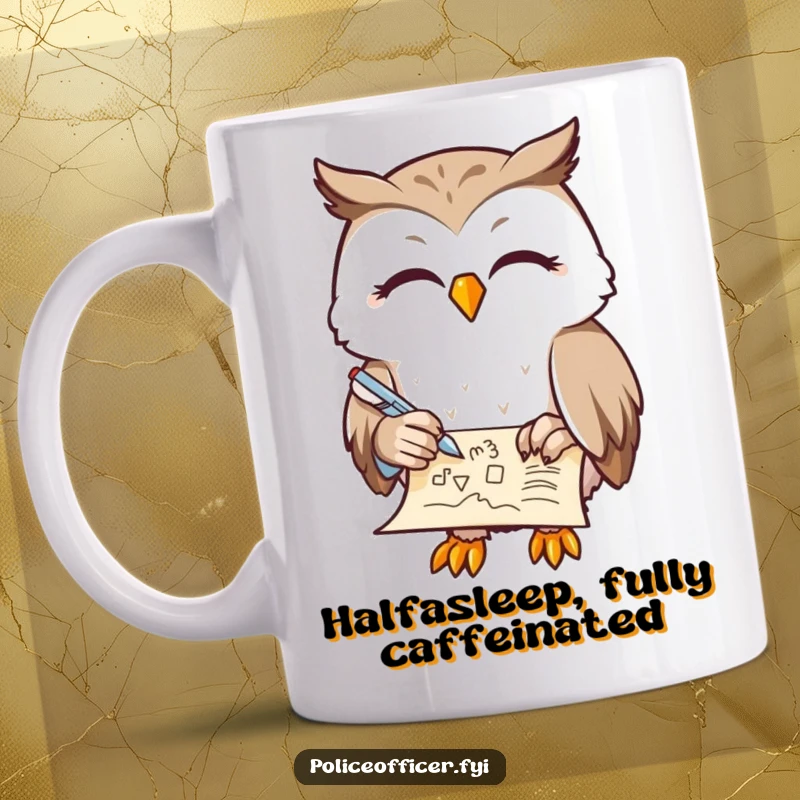 Funny Owl Mug featuring a contented owl with half-closed eyes, doodling on a scroll with a feather pen, symbolizing creative joy, a great funny gift.