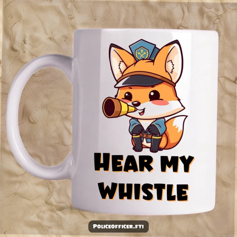 Funny fox police officer mug: a smiling, proud fox in uniform blowing a whistle.