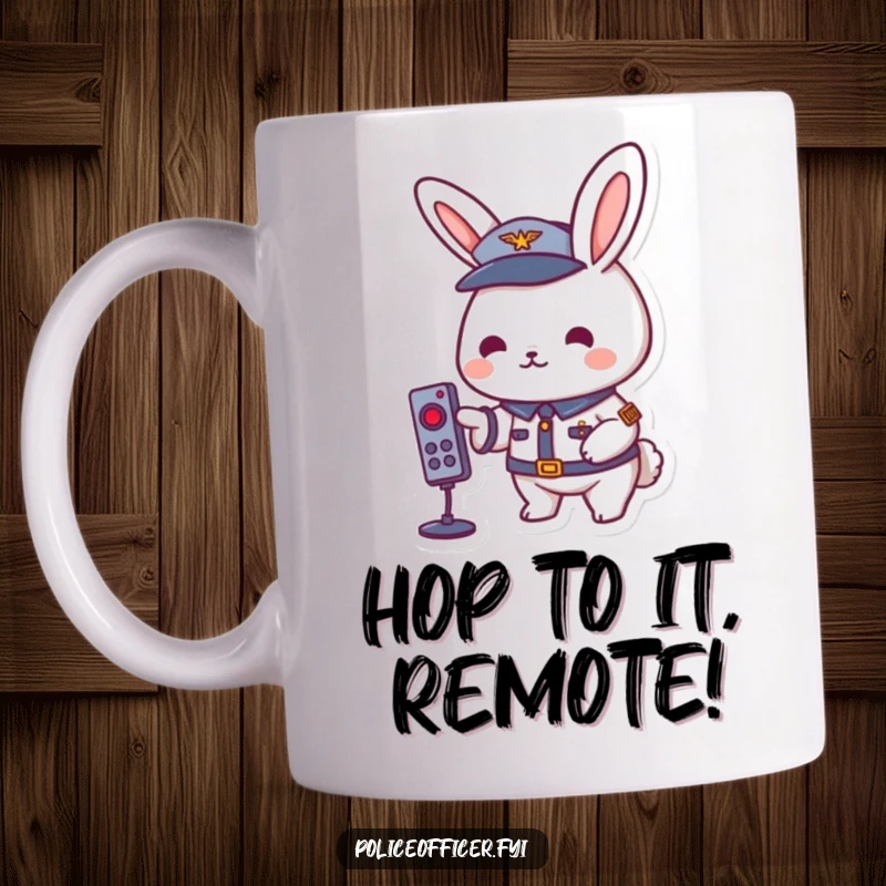 Funny playful rabbit in a uniform, pressing a TV remote button with a cheerful expression.