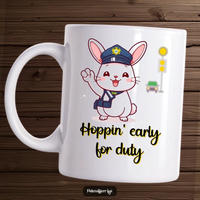 Funny bunny police officer in a tiny hat happily waves, directing traffic with a cheerful expression on this cute mug.
