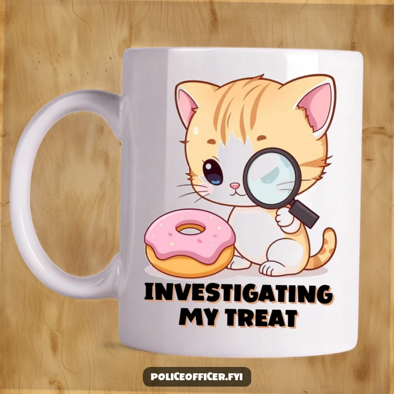 Funny Kitten Detective Mug featuring a curious kitten with a magnifying glass, intensely examining a smiling donut, full of playful investigation.