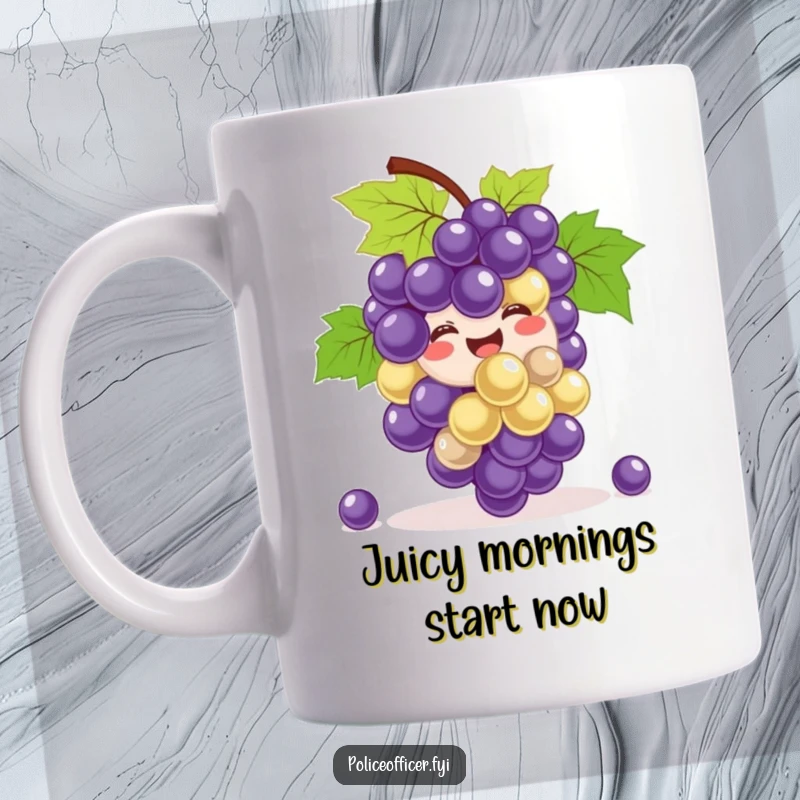 Funny Mug: A smiling bunch of grapes joyfully bouncing with excitement, radiating pure happiness and fruity fun.