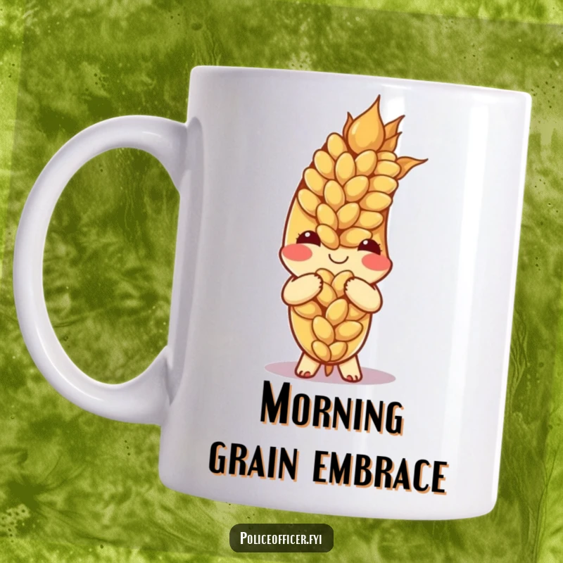 Funny ear of wheat character bowing politely with a wide, charming smile on a mug.