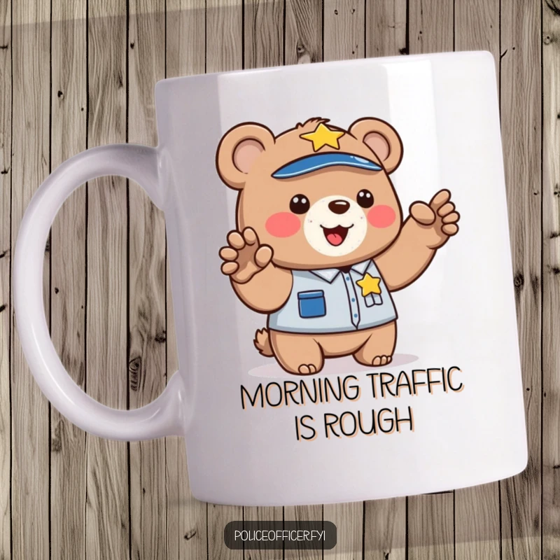 Funny mug showing a cute bear cub with a police badge, enthusiastically directing traffic with its paw. Adorable law enforcement theme.