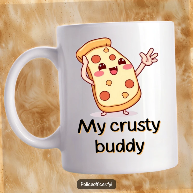 Funny pizza slice mug featuring a smiling pizza slice giving a playful high-five to an unseen friend, radiating joy.