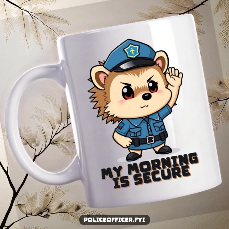Funny hedgehog police officer mug: a tiny, determined critter in uniform saluting with pride.