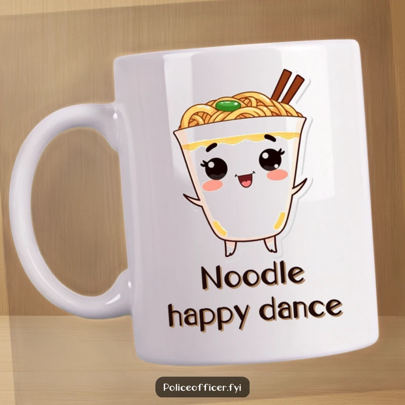 Funny ramen cup mug featuring a cheerful cup of ramen with a face dancing excitedly, full of zest and joy.