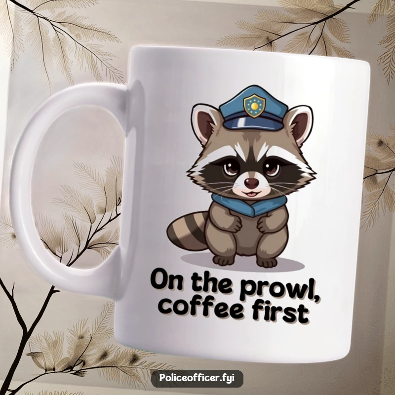 Funny raccoon in a police hat tiptoeing stealthily with a mischievous glint. A humorous and clever mug design.