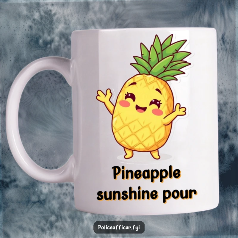 Funny, cheerful pineapple character striking a confident and playful pose on a mug.