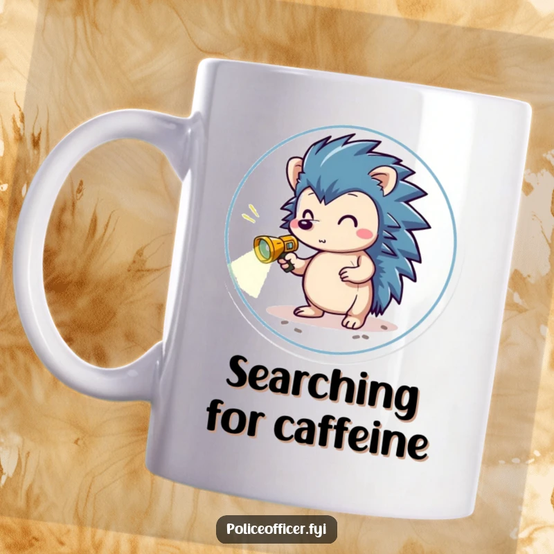 Funny Mug featuring a brave hedgehog in a small badge, holding a miniature flashlight and scanning the ground with determination.