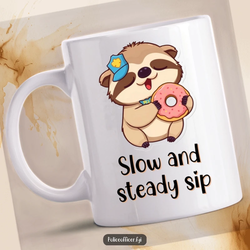 Funny Sloth Police Mug: A sleepy sloth wearing a tiny police badge yawns while holding a delicious donut.