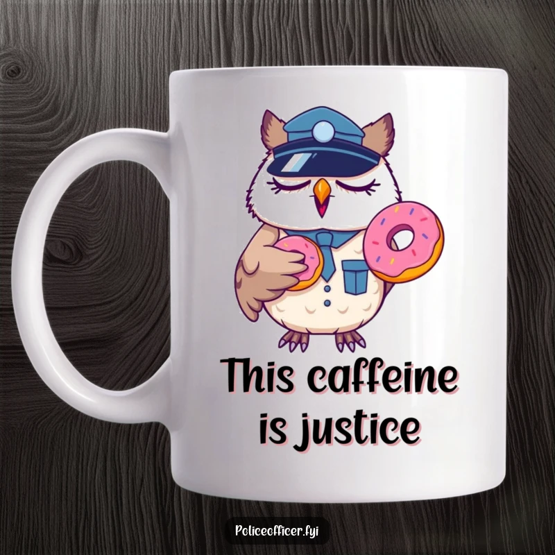 Funny sleepy owl police officer mug, yawning widely while holding a delicious donut in its wing, looking tired.