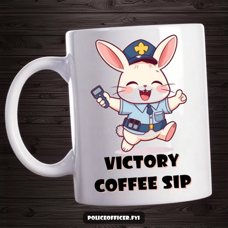 Funny Mug: Mischievous bunny in police uniform jumping with joy holding a remote, a humorous funny gift.