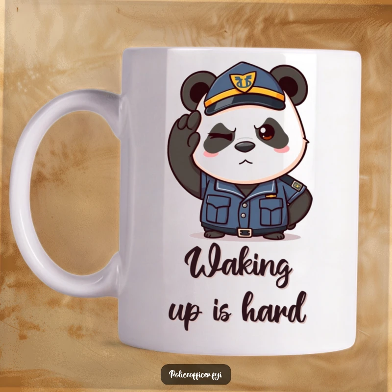 Funny panda in a police uniform saluting confidently with a playful wink. A determined and humorous mug design.