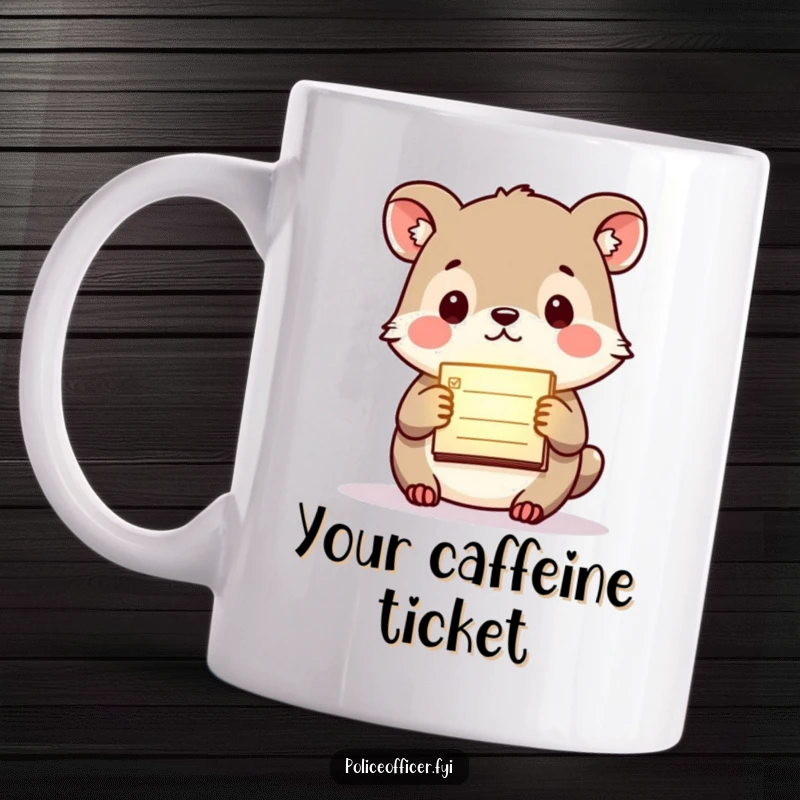 Funny mug showing a small animal with a serious face holding a glowing citation pad, embodying playful enforcement.