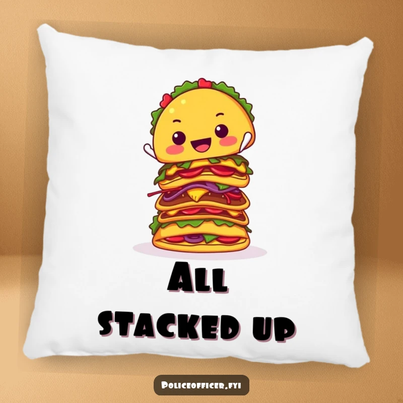 Funny pillow showcases a smiling taco in the act of balancing a precarious tower of colorful tacos, perfect for adding humor to a couch.