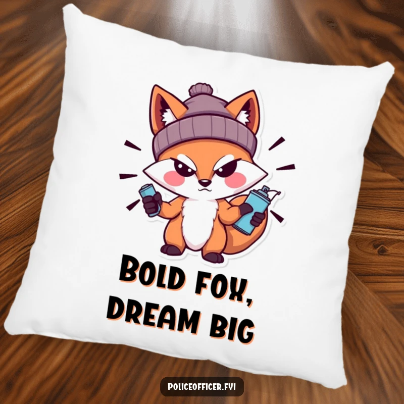 Funny Fox Pillow featuring a bold fox in a beanie with a sneer, holding a spray can, offering urban style and decorative flair.