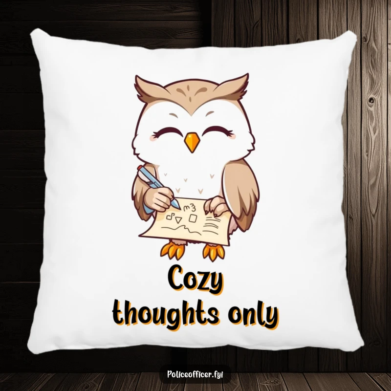 Funny Owl Pillow depicting a contented owl with half-closed eyes, doodling on a scroll with a feather pen, offering humorous comfort, a great funny gift.