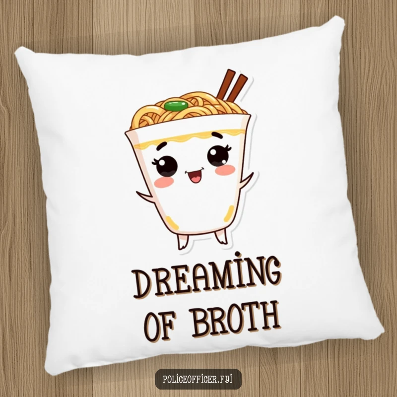 Funny ramen pillow featuring a cheerful ramen cup with a dancing face, bringing soft comfort and comedic joy.