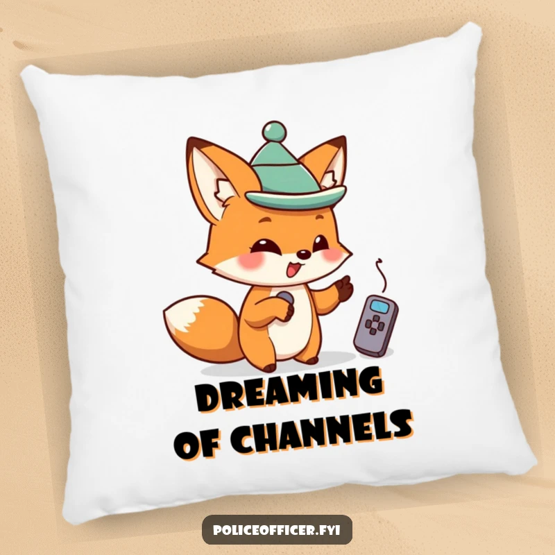 Mischievous fox wearing a tiny hat, pointing at a remote, on a plush and comfortable funny pillow.
