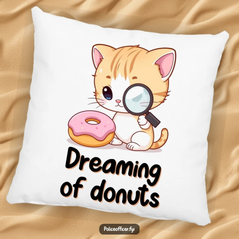 Funny Kitten Detective Pillow adorned with a curious kitten with a magnifying glass, intensely examining a smiling donut, offering soft and humorous decor.