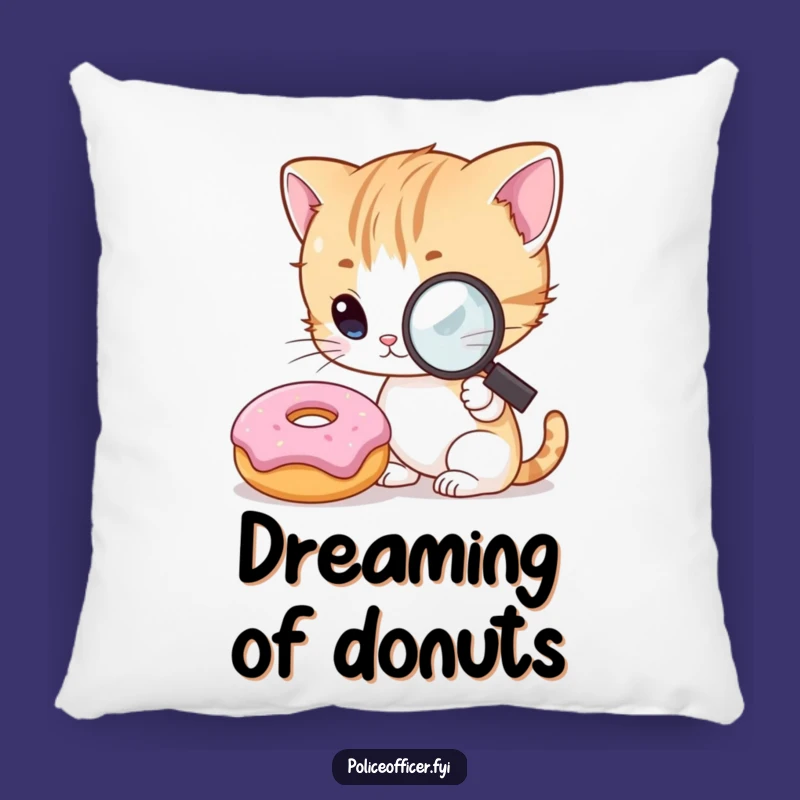 Funny Kitten Detective Pillow: Soft, Curious Cat Investigating Donut Cushion