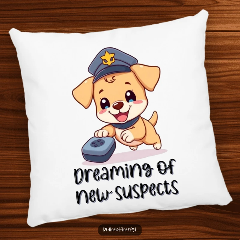 Funny Puppy Cop Pillow: Happy puppy wearing a police hat, dreaming of chasing remotes, a comfortable and humorous accent.