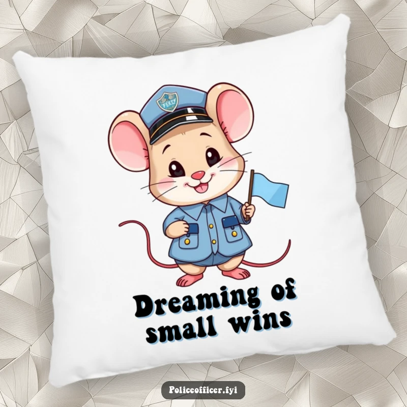 Funny smiling mouse police officer pillow, holding a small flag, soft and humorous home accent.