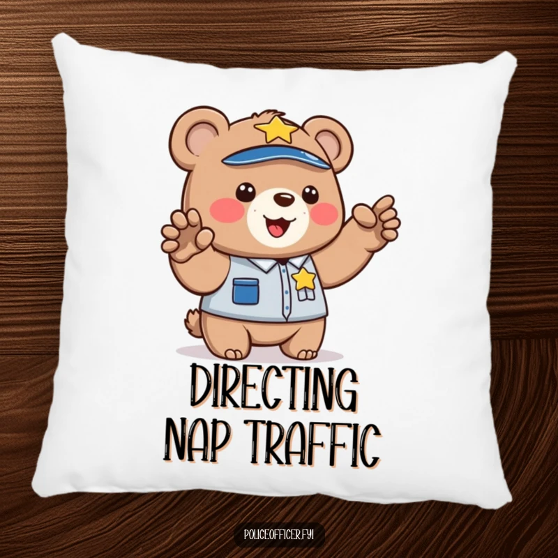 Funny decorative pillow featuring a bear cub police officer directing traffic. Soft, plush, and humorous home decor.