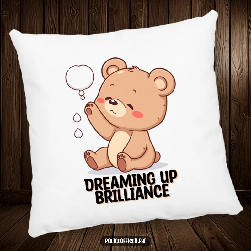 Funny bear cub pillow featuring a cute cub reaching for a thought bubble, offering comfort and a touch of whimsical curiosity.